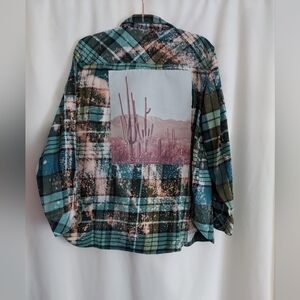 Upcycled Sonoma Green and Black Flannel Shirt With Cactus Graphic
